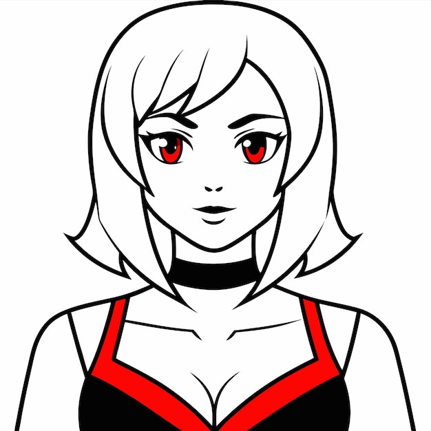 a cartoon of a woman with red eyes and a black ribbon around her neck