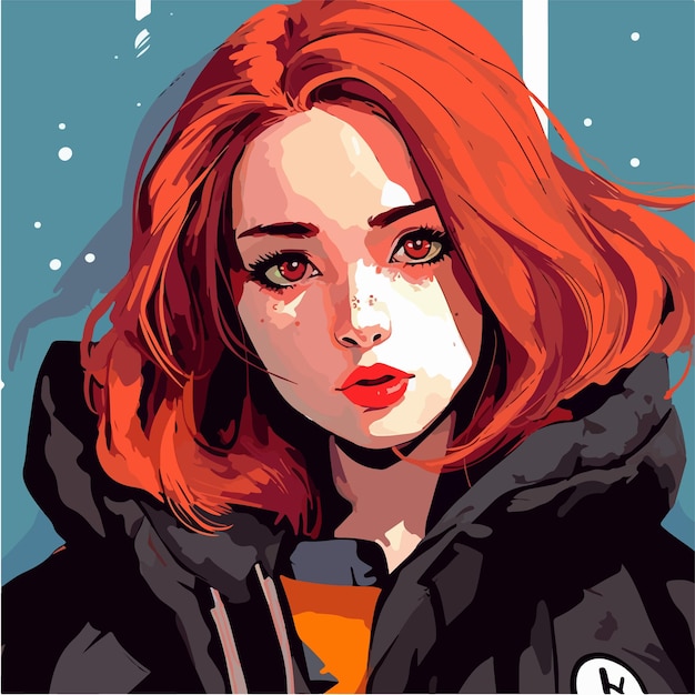 A cartoon of a woman with red hair and a black jacket.