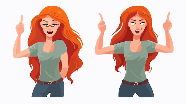 a cartoon of a woman with red hair pointing to the left