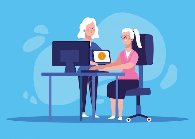 Cartoon woman and woman working at office desk with computer