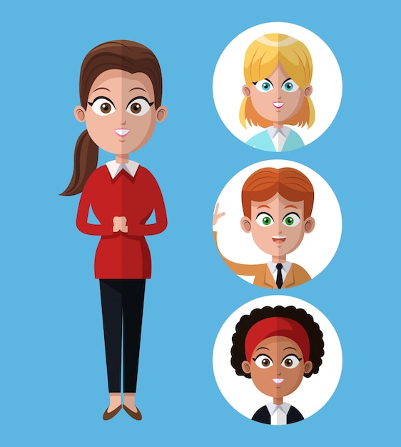 Cartoon woman work office standing with people together 