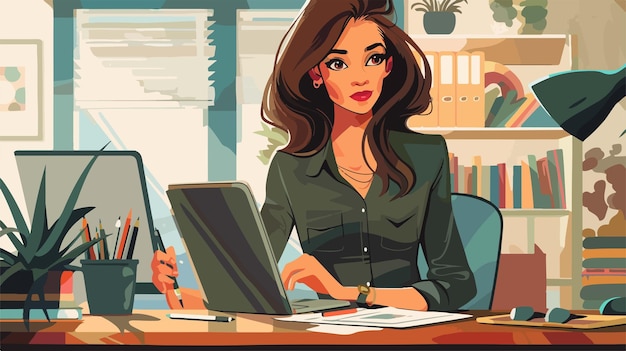 a cartoon of a woman working on a laptop with a book in the background