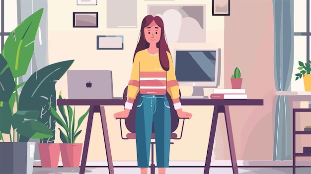 Vector a cartoon of a woman in a yellow sweater sitting at a desk with a laptop and a laptop