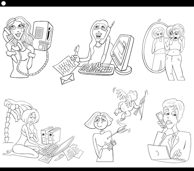 Vector cartoon women comic characters set coloring page