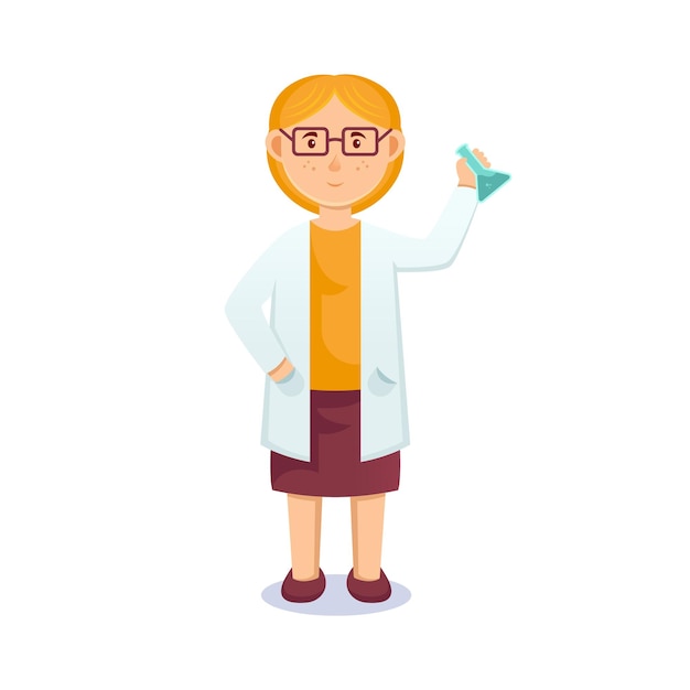 cartoon women with glasses in various poses. Friendly beautiful women in labs clothes, holding glass