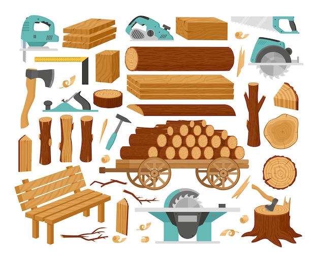 Cartoon wood industry products timber materials woodwork planks vector illustration set