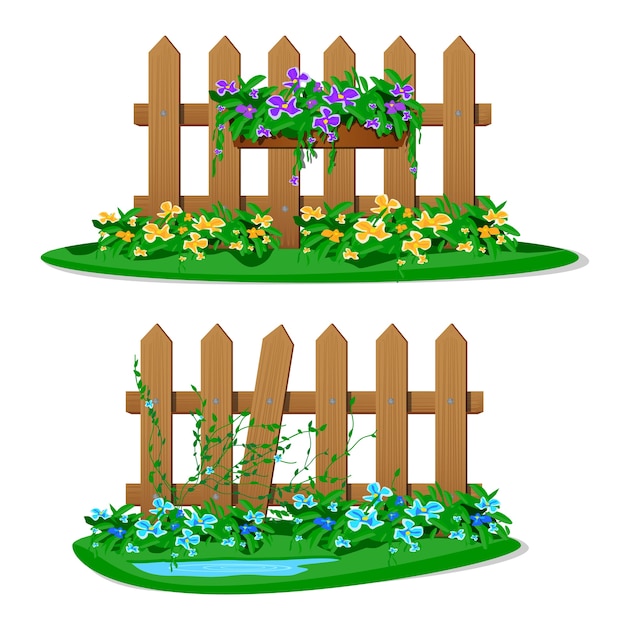 Cartoon wooden fence with garden flowers in hanging pots. Set of garden fences  on white background. Wood boards silhouette construction in  style with flower hanging decorations