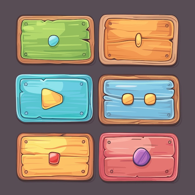 Vector cartoon wooden game buttons with play pause stop and other symbols