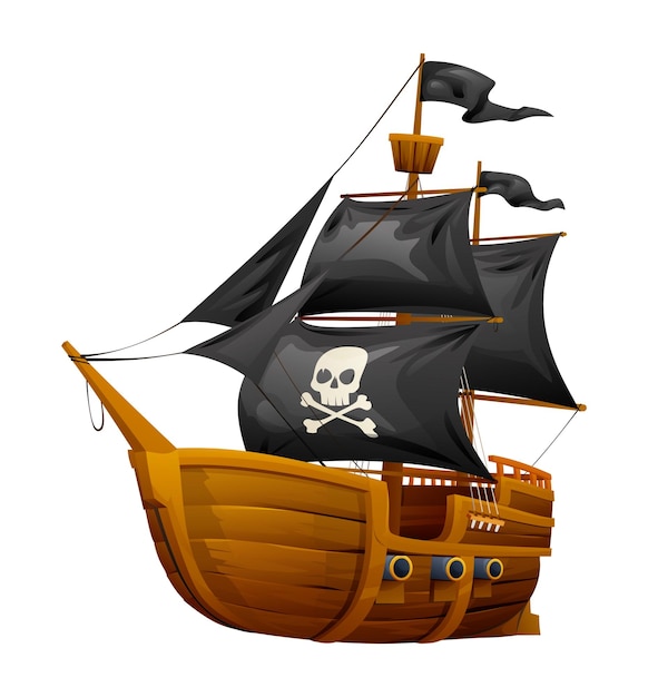 Vector cartoon wooden pirate ship illustration isolated on white background