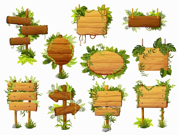 Cartoon wooden sign boards tropical jungle lianas