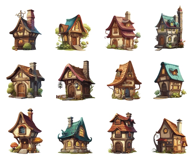 Cartoon wooden and stone cottages Medieval countryside houses vintage wood chalets architecture old village home buildings on white