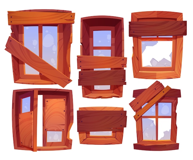 Cartoon wooden windows set