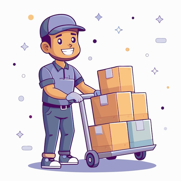 a cartoon of a worker carrying a cart full of boxes