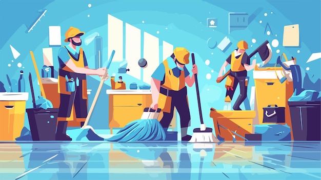 a cartoon of workers cleaning a flooded room