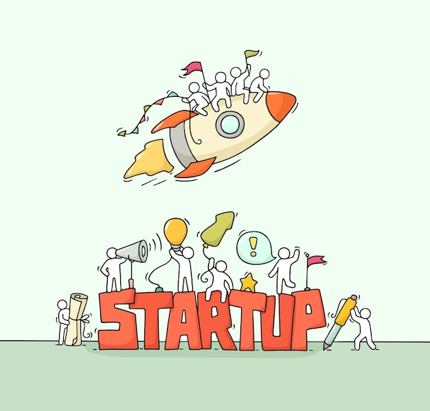 Cartoon working little people with word StartUp. Doodle miniature scene of workers with rocket