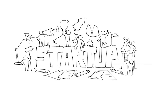 Cartoon working little people with word Startup. Vector illustration - workers about creativity.