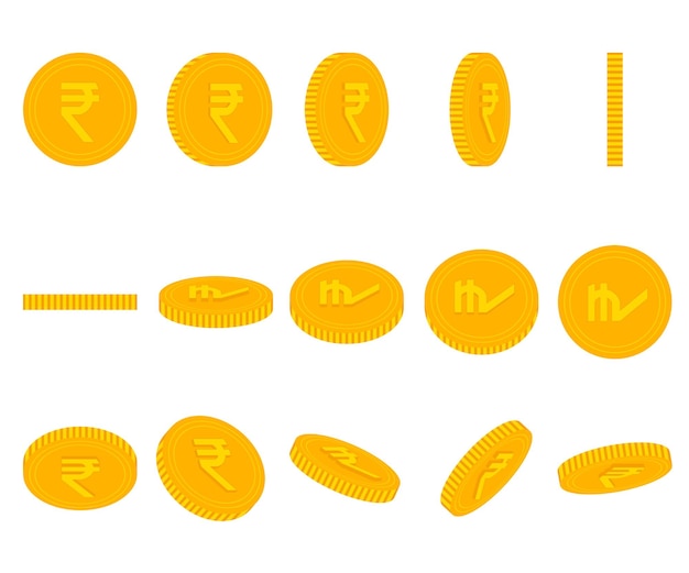 Vector cartoon yellow rupee coins animation set vector