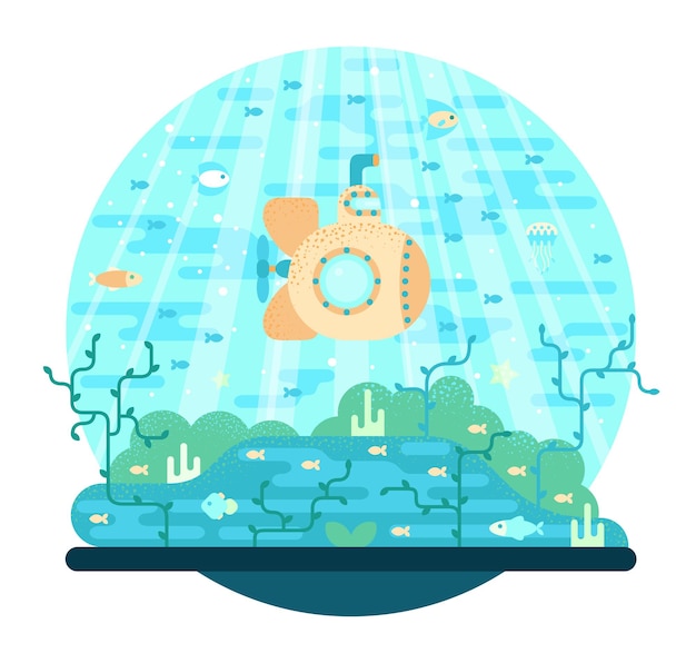 Cartoon yellow submarine underwater among fish and algae vector illustration