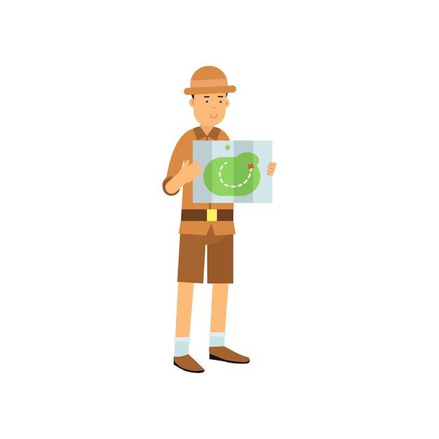 Cartoon young archaeologist character studying the map. Treasure hunter in safari suit and hat. Search of ancient artifacts. Excavations and archaeology. Flat vector illustration isolated on white