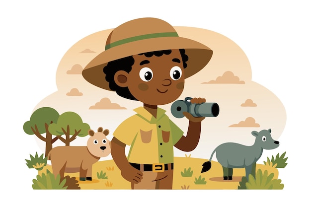 Vector cartoon of a young boy explorer with animals in a safari setting holding binoculars