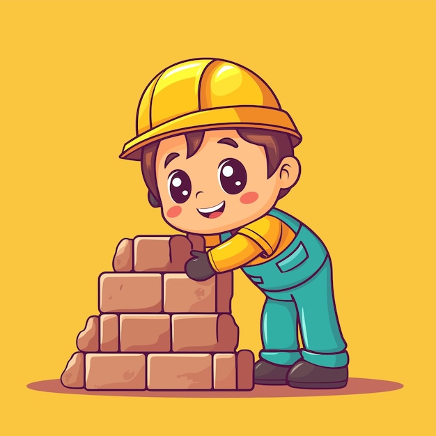 Vector a cartoon of a young builder building a brick wall