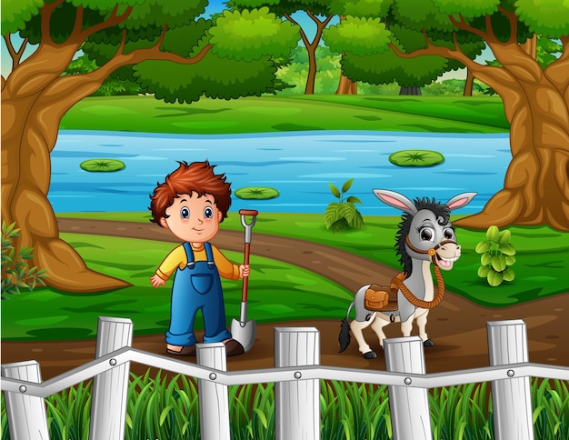 Cartoon young farmer with a donkey at the farm