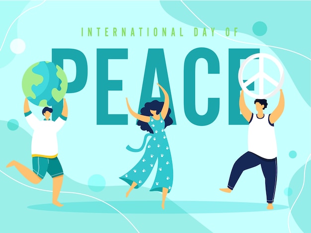 Vector cartoon young girl and boys dancing, earth globe, peace symbolism on light turquoise background for international peace day.