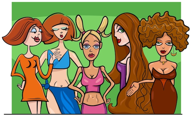 Cartoon young girls or women comic characters group