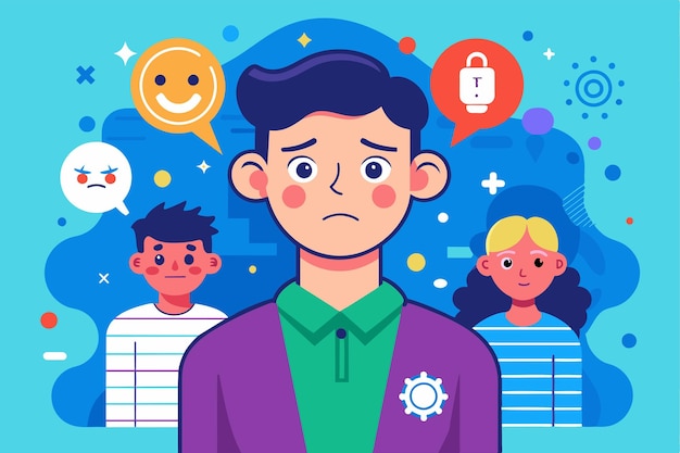 Vector cartoon of young man showing bipolar disorder with fluctuating moods bipolar disorder customizable cartoon illustration