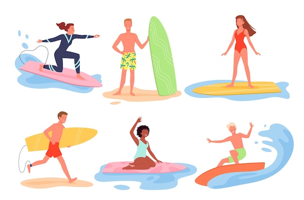 Vector cartoon young man woman characters in bikini surfing on surfboards float on ocean wave summertime cr