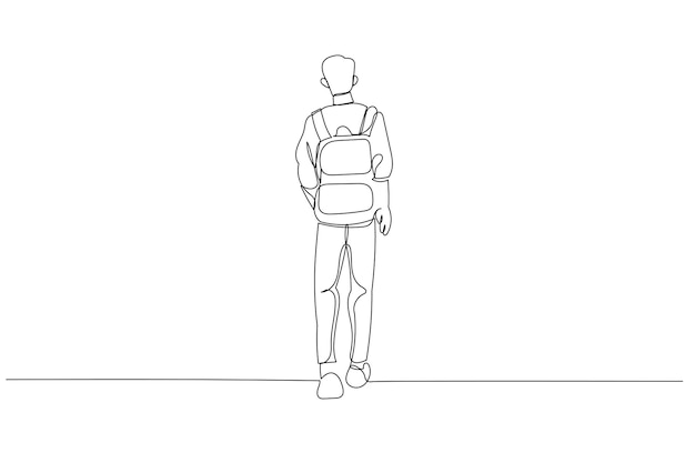 Cartoon of young student in casual clothes with backpack back view One line art style