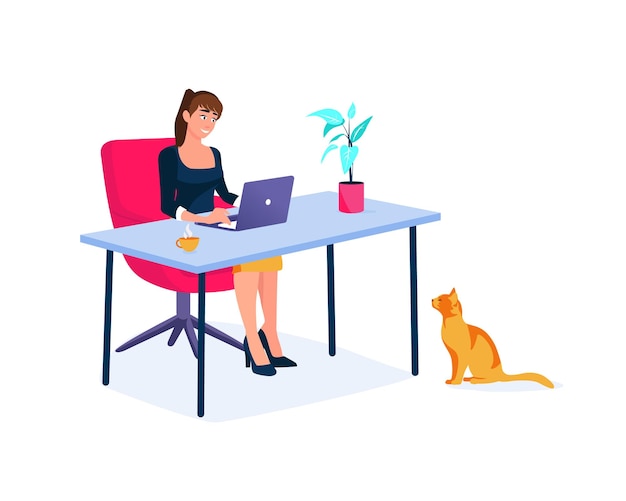 Cartoon young woman doing her distant job from home with cat under table Time management for freelancers Online study and education Vector flat style illustration