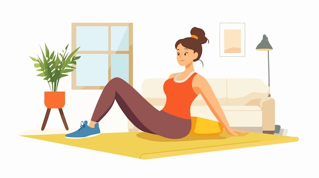 Vector cartoon young woman exercising on mat at home fitness workout illustration