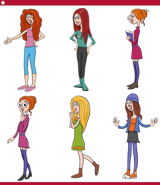 cartoon young woman funny characters humorous set