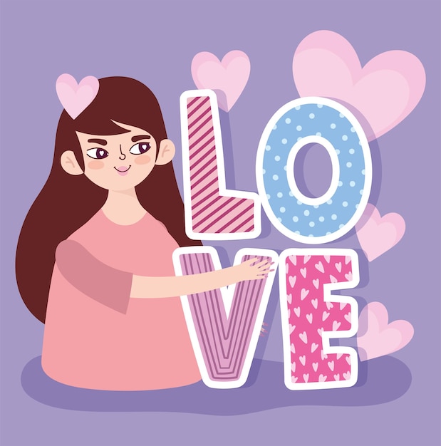 Vector cartoon young woman love text and hearts romantic design 