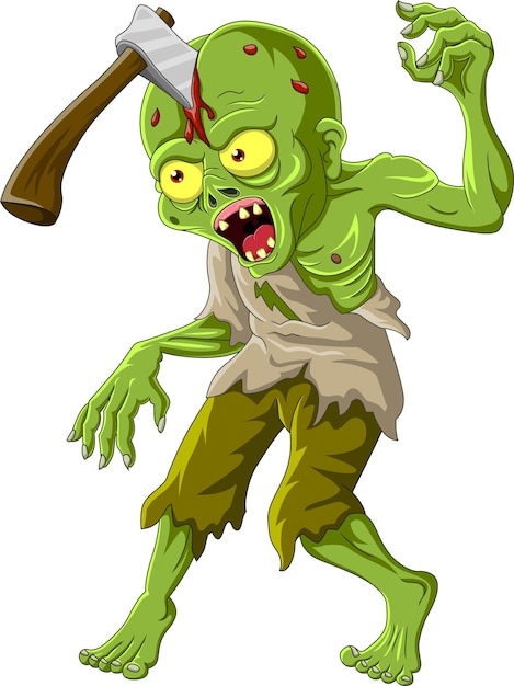 Cartoon zombie with axe in his head