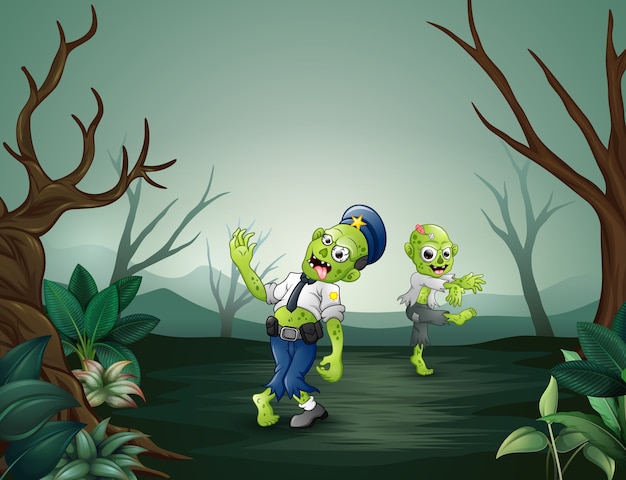 Cartoon zombies in the dead forest