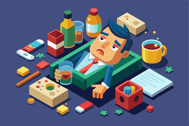 Vector a cartoonish character appears weary surrounded by various drinks and snacks in a playful hangover setting customizable hangover illustration in isometric style