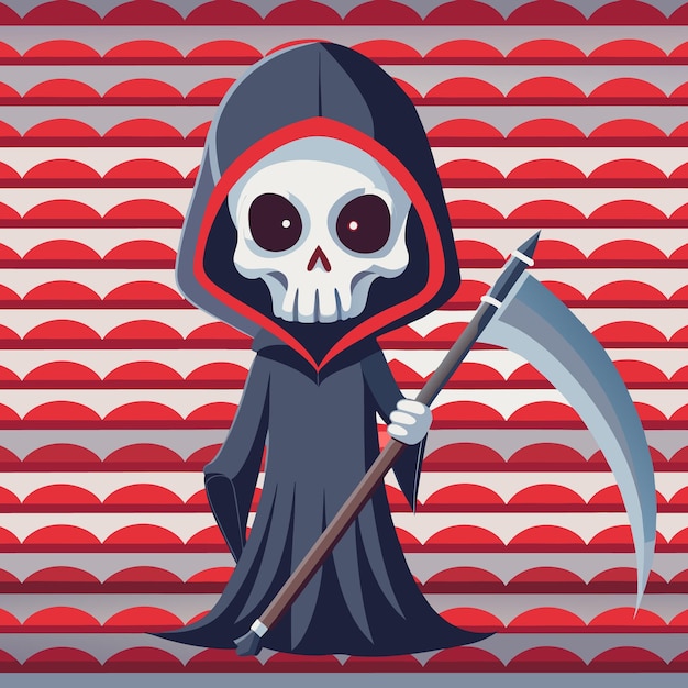 Vector a cartoonish grim reaper character holding a scythe against a patterned background