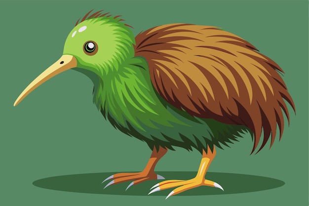 A cartoonish kiwi bird stands with exaggerated features showcasing its bright colors and whimsical design on green Kiwi bird Customizable Disproportionate Illustration