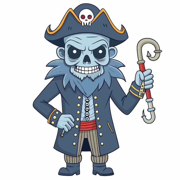 Vector a cartoonish pirate skeleton with a hook wearing a hat and a coat exuding a mischievous vibe