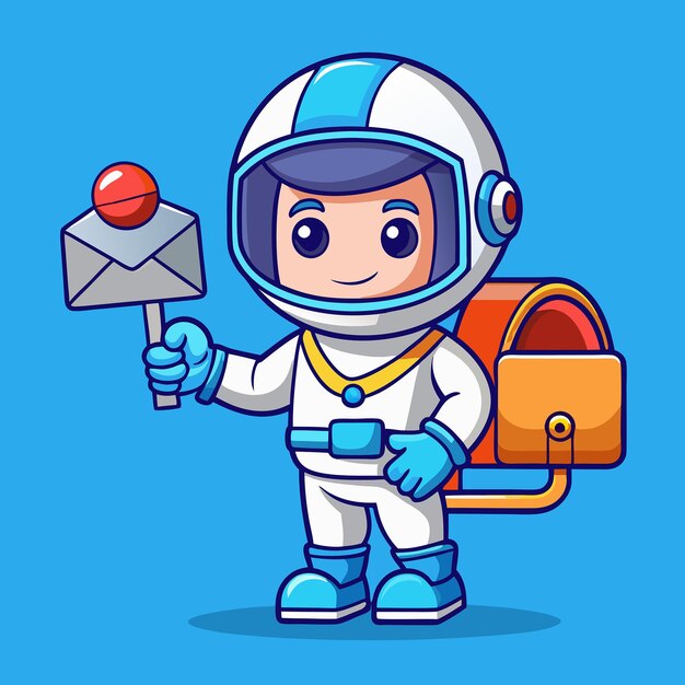 Vector cartoonish space mailman astronaut delivering mail with an envelope in outer space