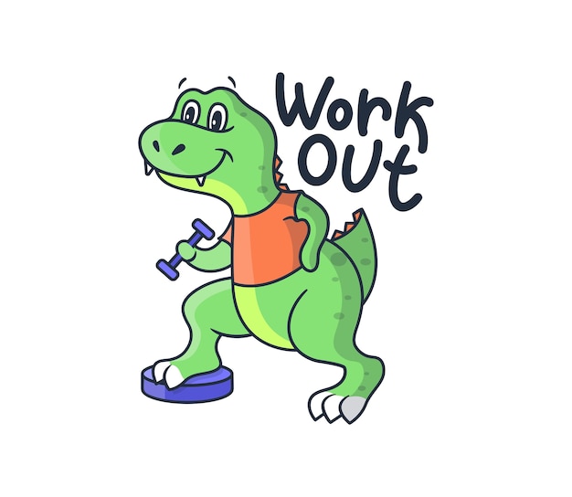 Cartoonish sport dinosaur with a lettering phrase - Work out. The green dino boy in an orange t-shirt pulls up a dumbbell. 