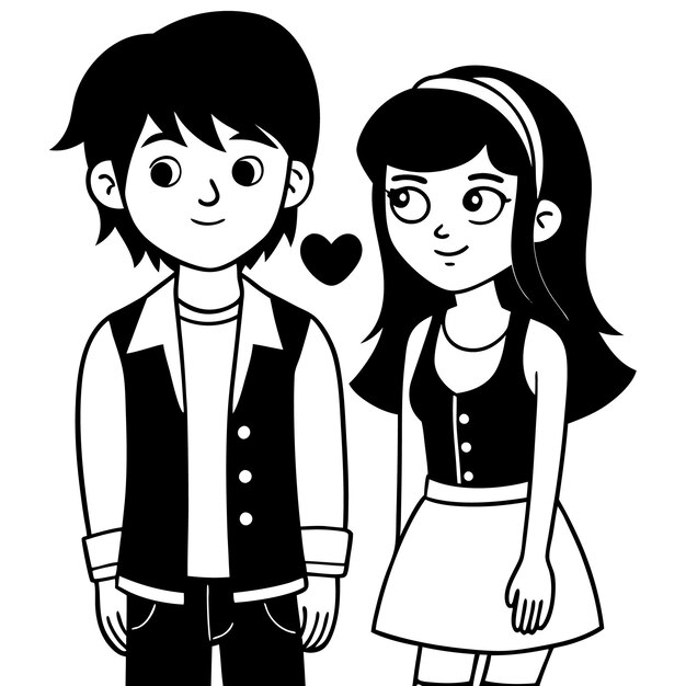 Vector cartoonstyle couple in love boy with black hair and gray eyes in denim vest and girsl pink dress