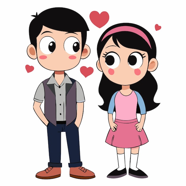 Vector cartoonstyle couple in love boy with black hair and gray eyes in denim vest and girsl pink dress