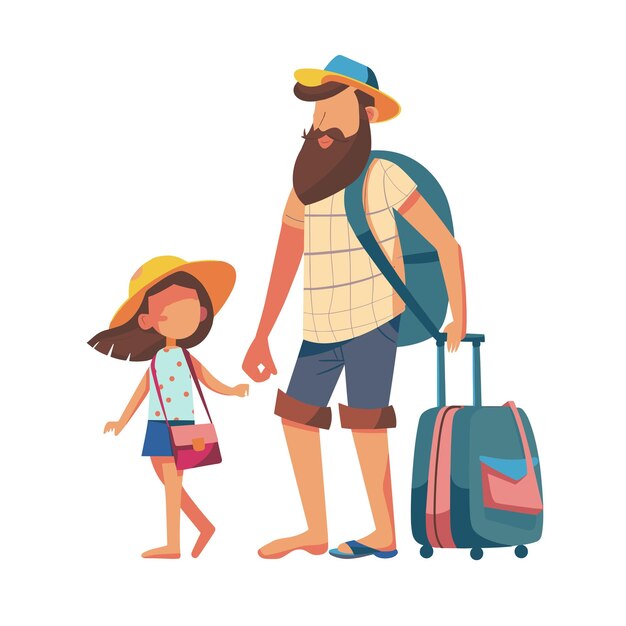 Vector cartoonstyle father with a beard and his daughter both wearing backpacks