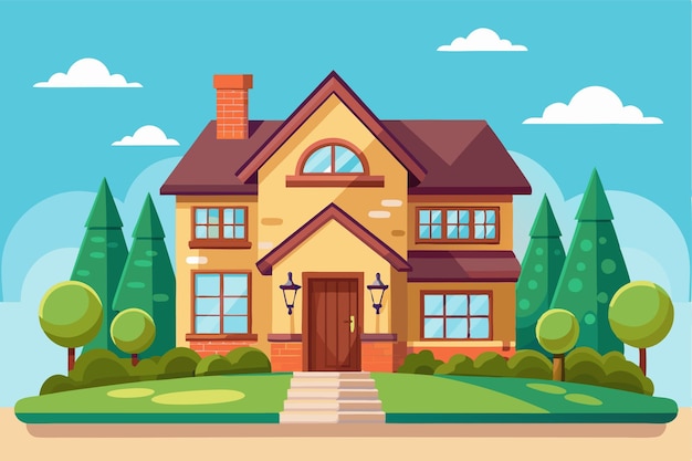 Vector a cartoonstyle house features vibrant colors with trees in a sunny setting creating a welcoming atmosphere choose a customizable cartoon illustration for your house