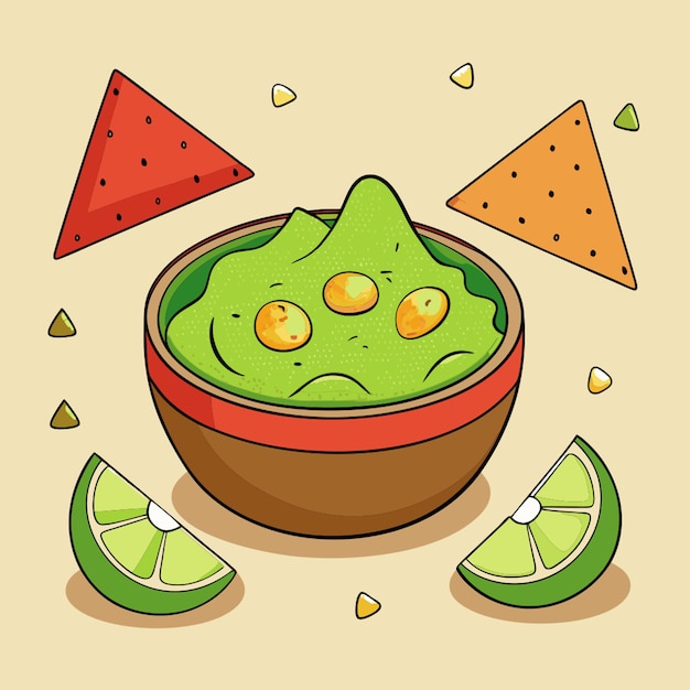 cartoonstyle illustration featuring a bowl of guacamole the bowl is terracottacolored with a red