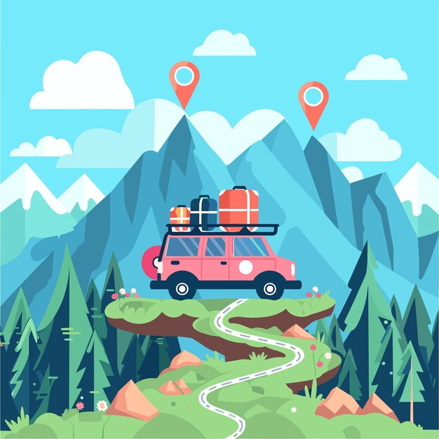 Vector a cartoonstyle illustration of an suv car with luggage on the roof driving through green mountains and forests