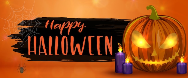 Carved Halloween pumpkins, horizontal banner. Colorful scary Halloween illustration. 